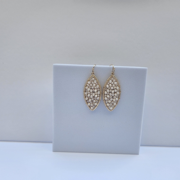 Boho Chic Gold and Cream Beaded Dangle Earrings - Picture 5 of 5